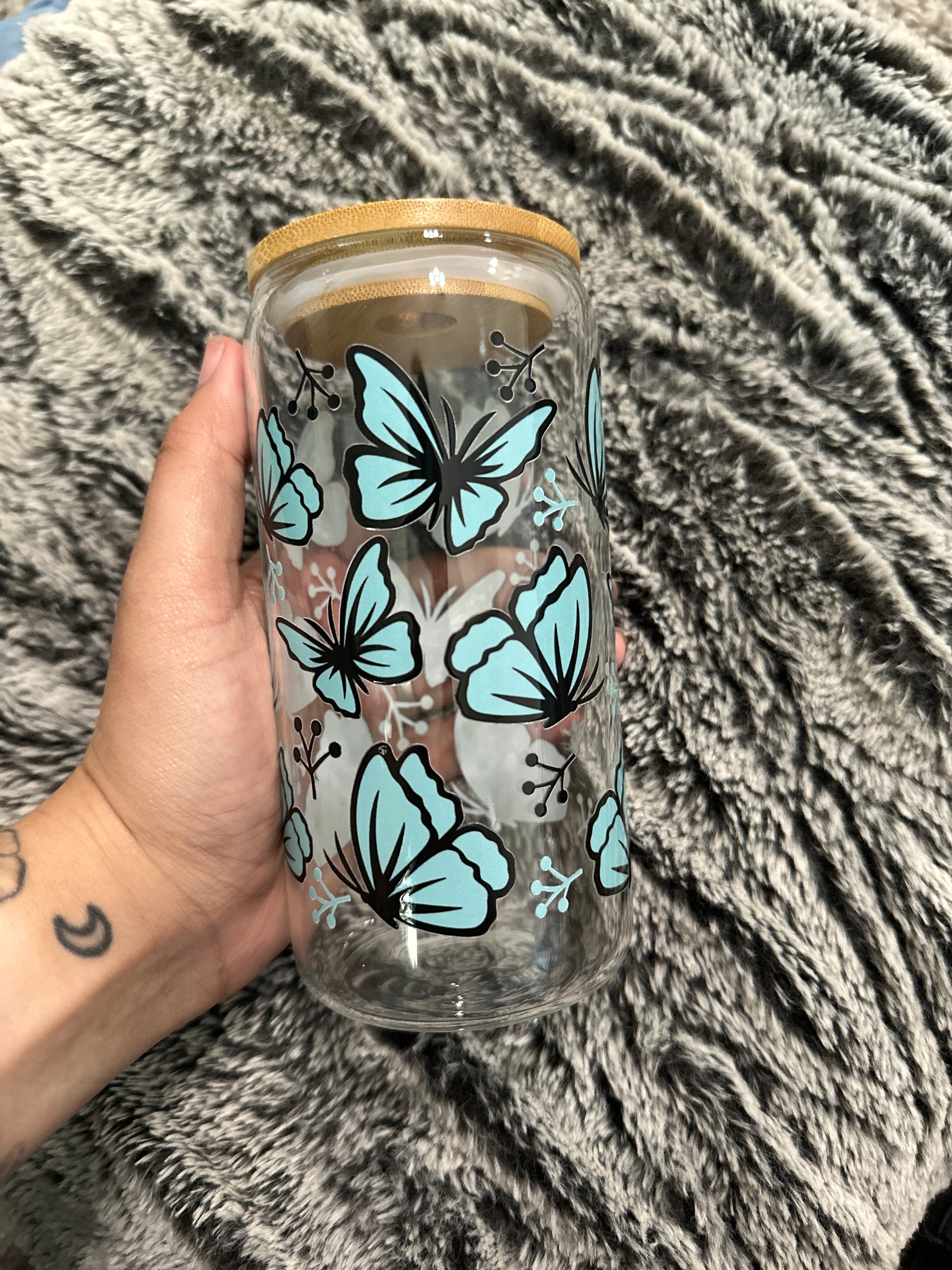 Blue Butterfly Glass Cup