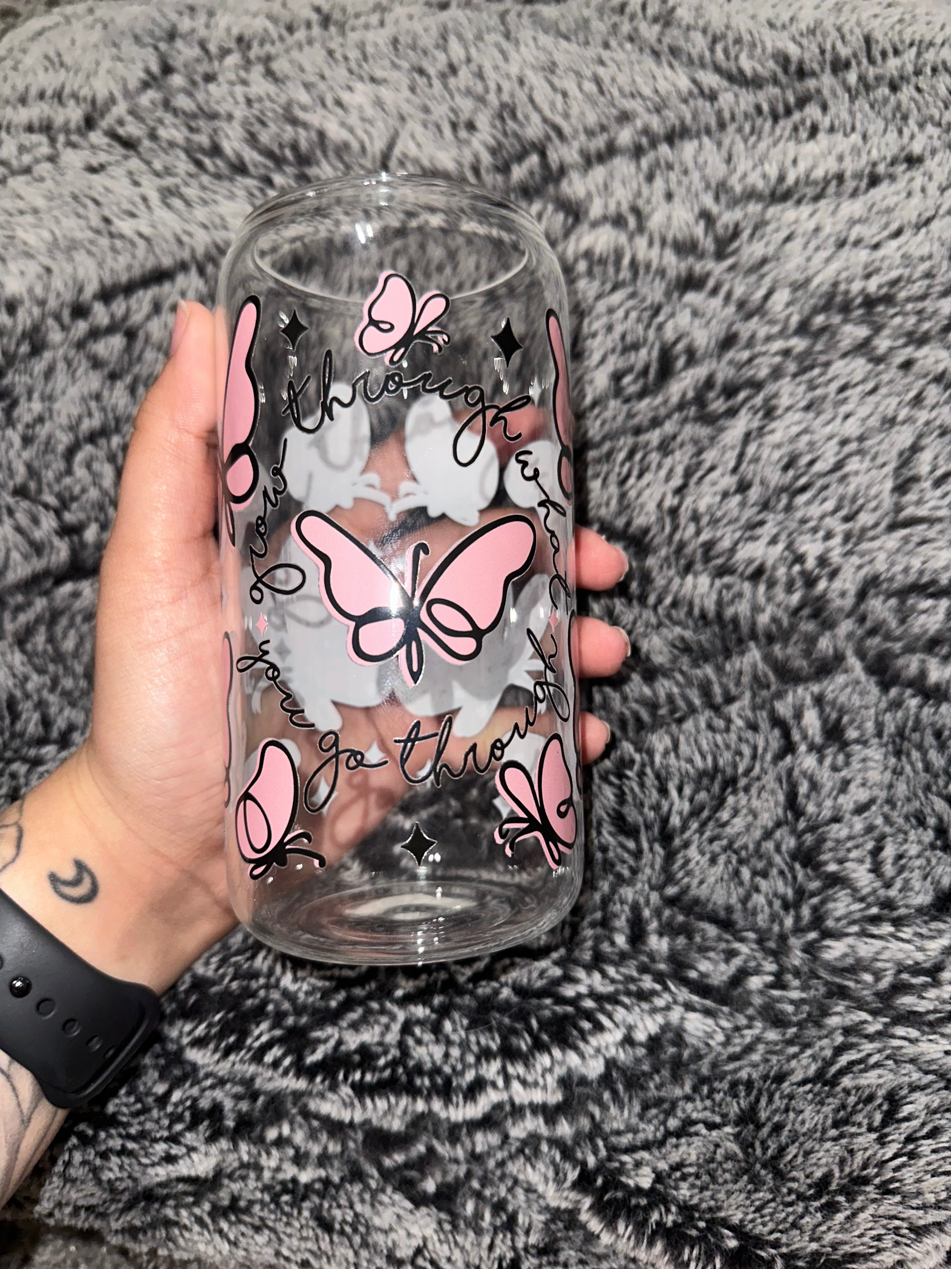 Pink Butterfly Quote Glass Cup